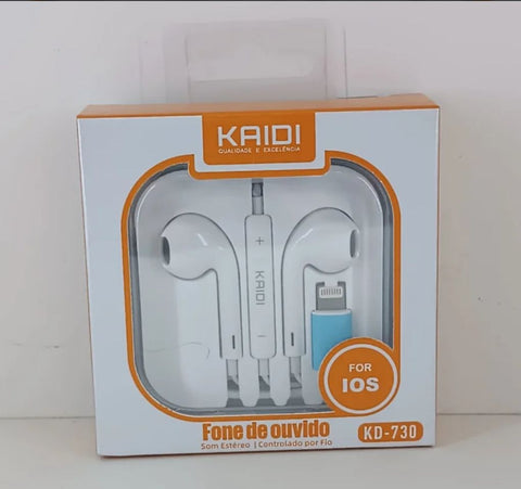 Fone de ouvido IOS iPhone sem borracha KAIDI, fone de ouvido com fio