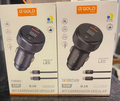Kit carregador veicular A'GOLD - USB C Lightining