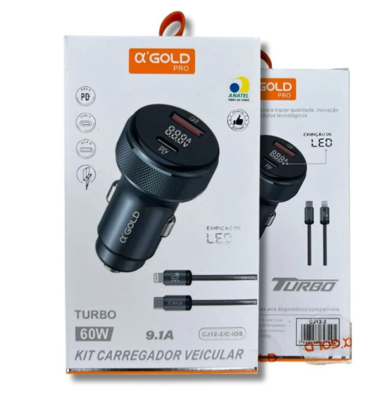 Kit carregador veicular A'GOLD - USB C Lightining
